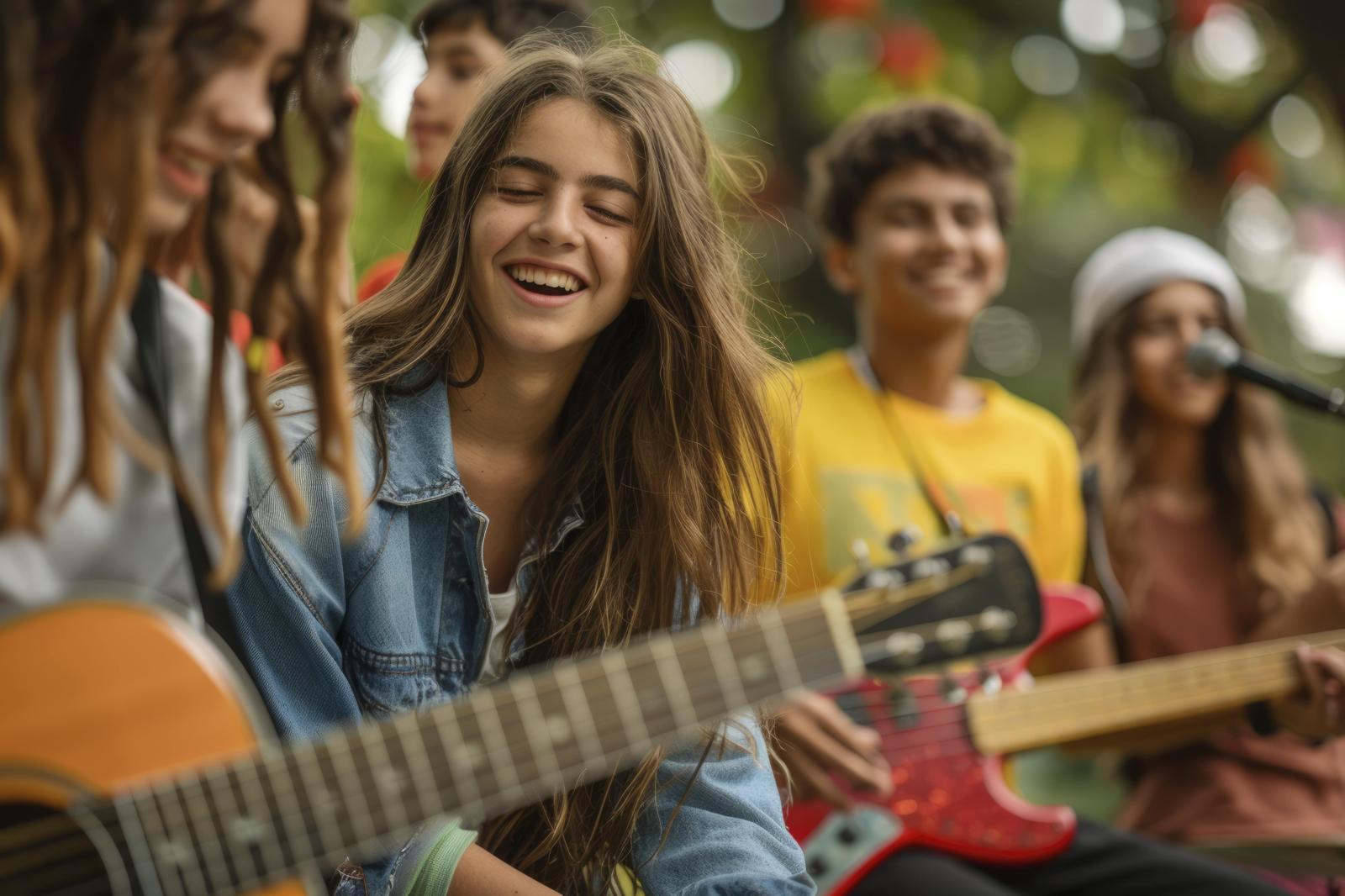 Alunos do ensino médio tocando violão e cantando faixas do álbum